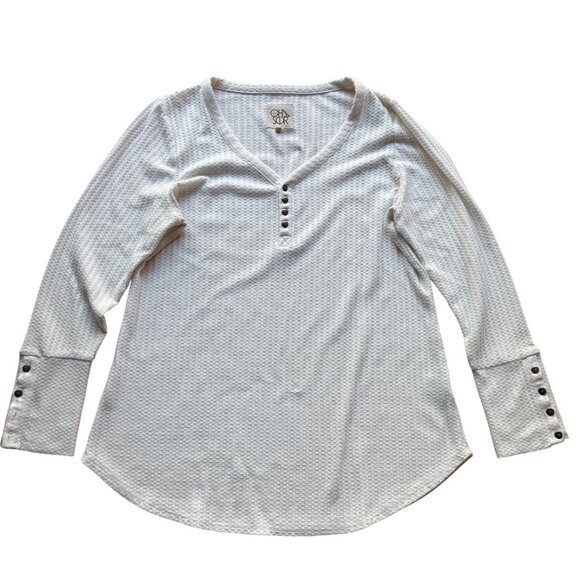 Chaser Size XL White Y2K Textured Waffle Knit Thermal Henley Long Sleeve Top - Picture 2 of 14